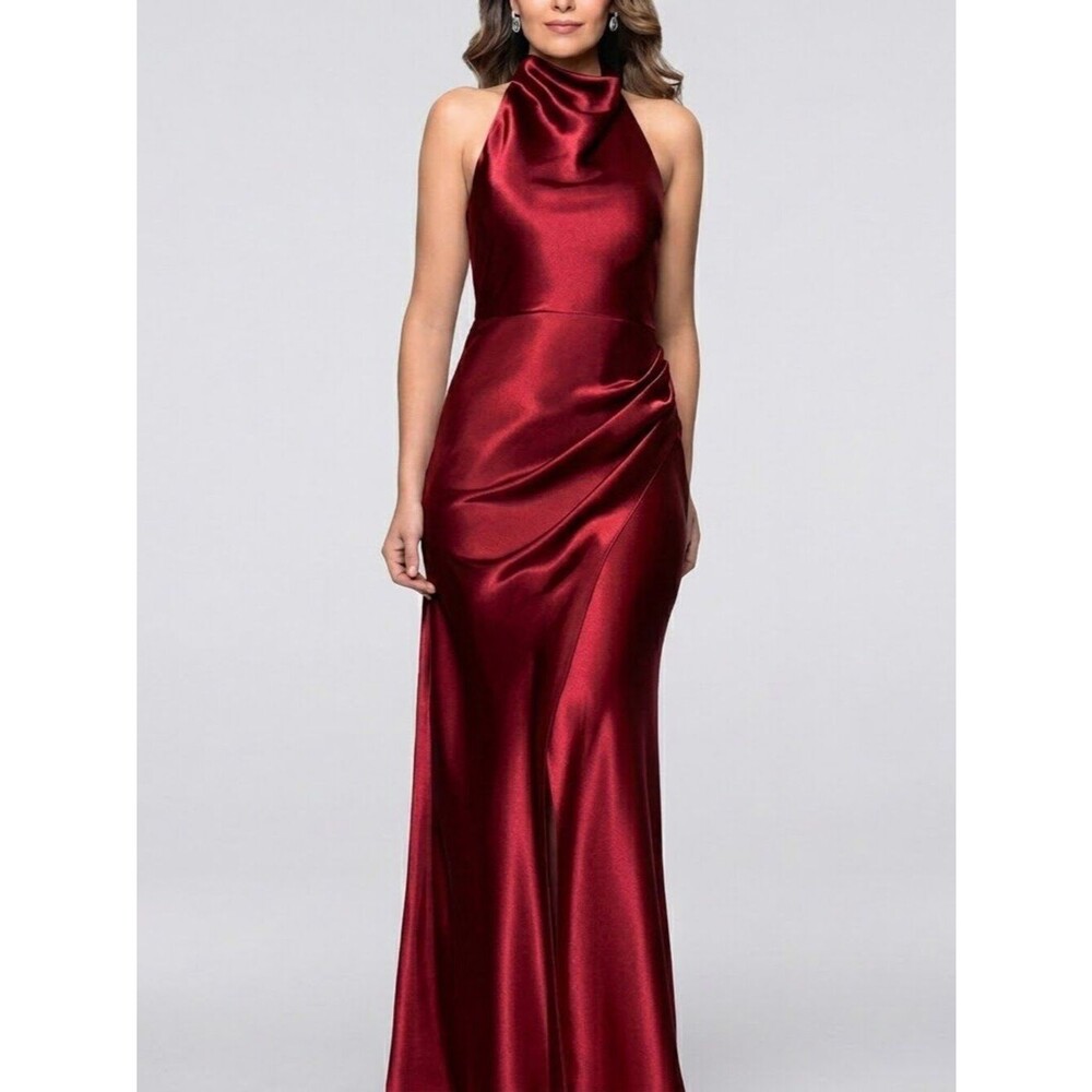 Betsy & Adam Luscious Burgundy Charmeuse Cowl Halter Long Evening Gown Sz 6P